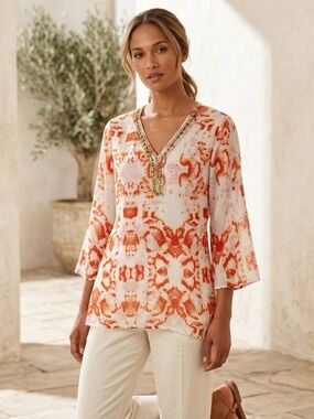 NF - Embellished Embroidered V-Neck Orange Print Tunic